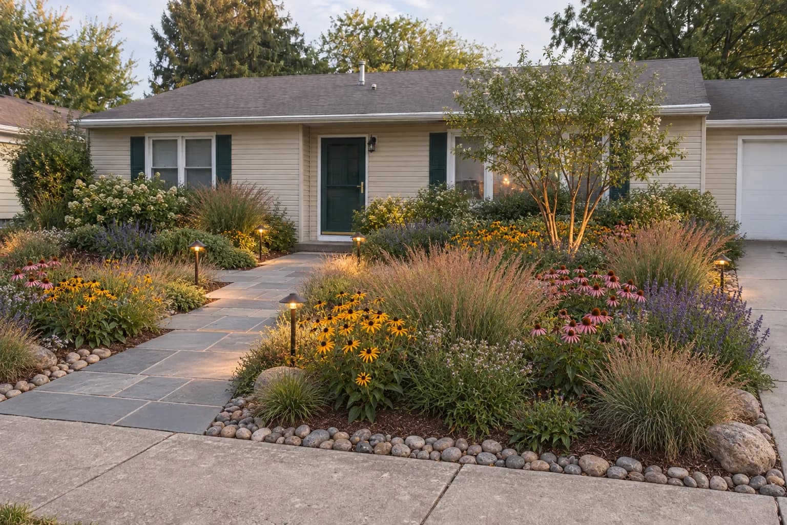 The same front yard with native planting and a bluestone walk